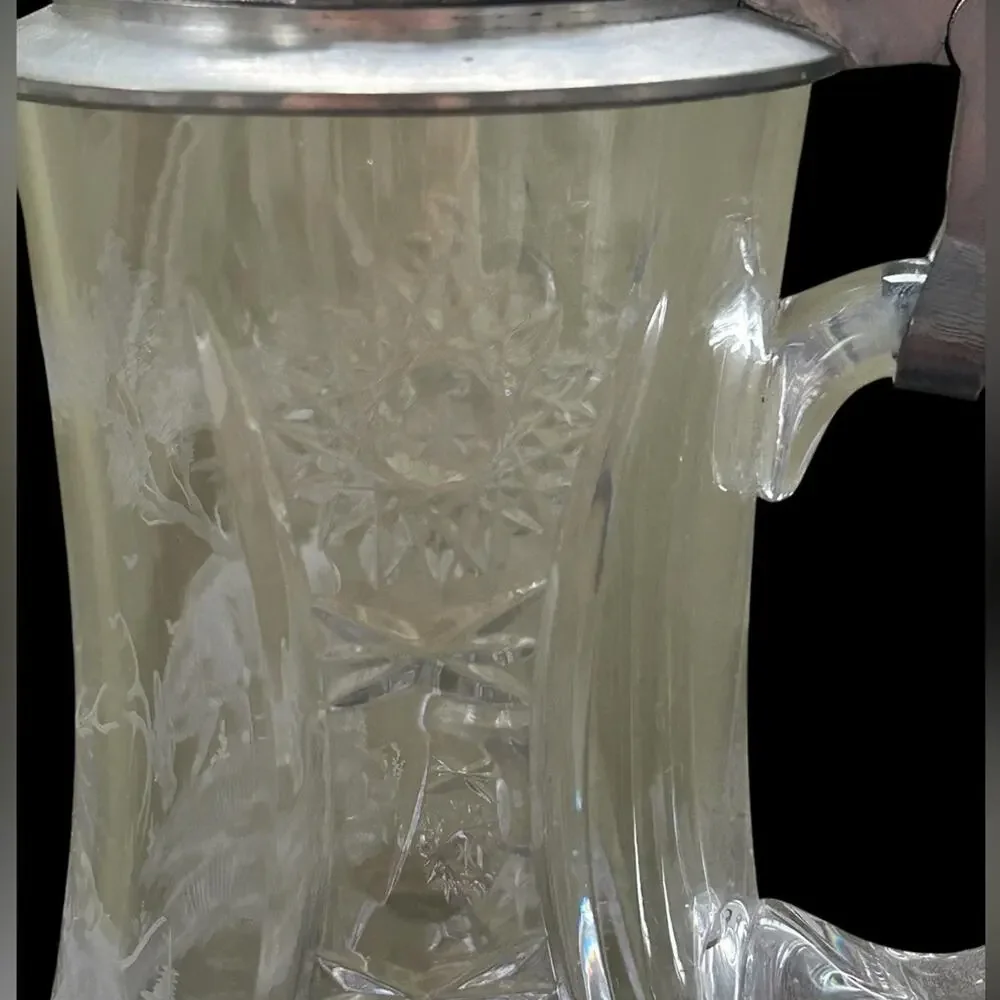 Vintage‎ Crystal Beer Stein Etched Deer Scene w/ Ornate Pewter Lid Barware